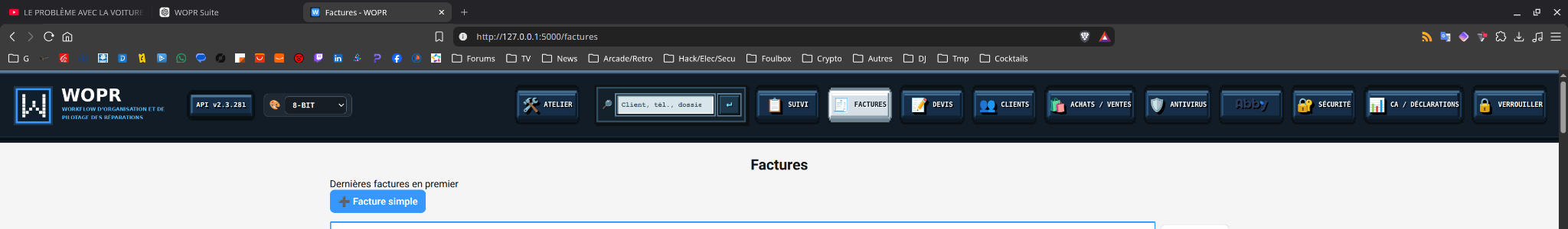 Aperçu WOPR 2.4.0 - Factures en thème 8-BIT